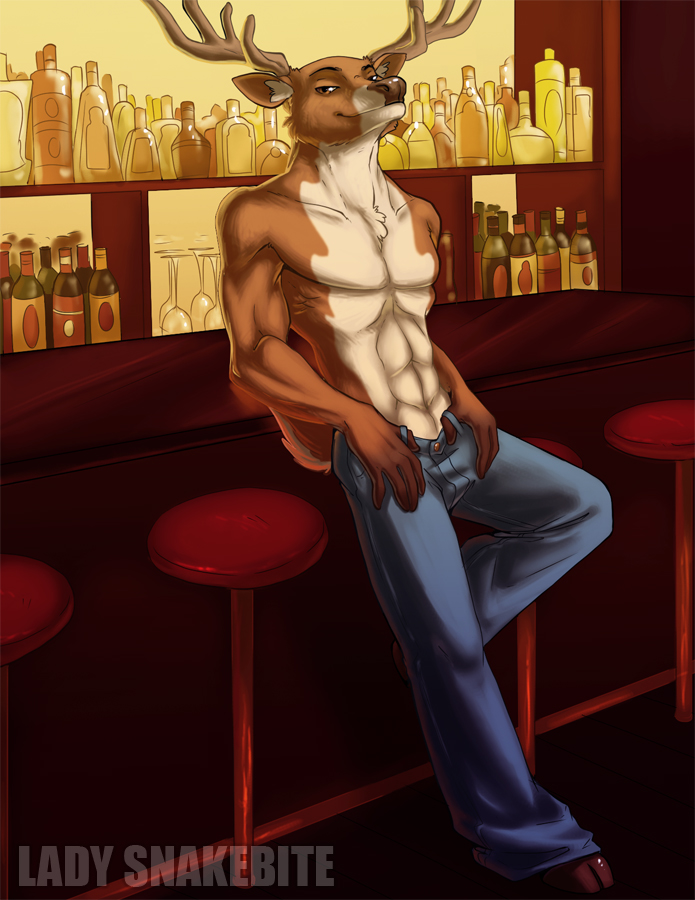 abs alcohol antlers bar bartender beverage biceps brown_eyes buck_(deer) cervine chest_tuft clothing deer fur horn horns jeans lady_snakebite male mammal muscles pants pecs smile solo topless tuft