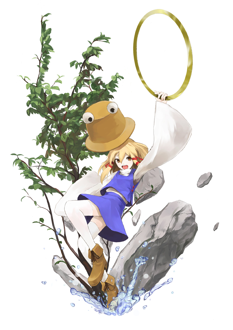 :d blonde_hair boots brown_eyes full_body hair_ribbon hat hat_removed headwear_removed isegawa_yasutaka jewelry md5_mismatch moriya's_iron_rings moriya_suwako open_mouth outstretched_arms plant ribbon rock short_hair simple_background sleeves_past_wrists smile solo spread_arms thighhighs touhou tree water white_legwear wide_sleeves zettai_ryouiki
