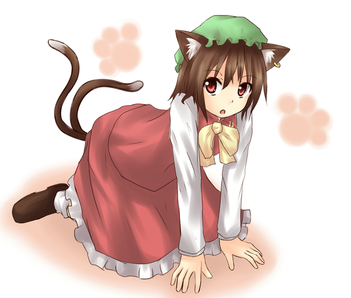 all_fours animal_ears baram brown_hair cat_ears cat_tail chen hat multiple_tails red_eyes short_hair solo tail touhou