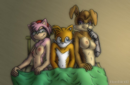 anthro bed breasts bunnie_rabbot canine countershading covering covering_self female fox group group_sex humbird0 male mammal miles_prower nipples sega sex sonic_(series) straight threesome
