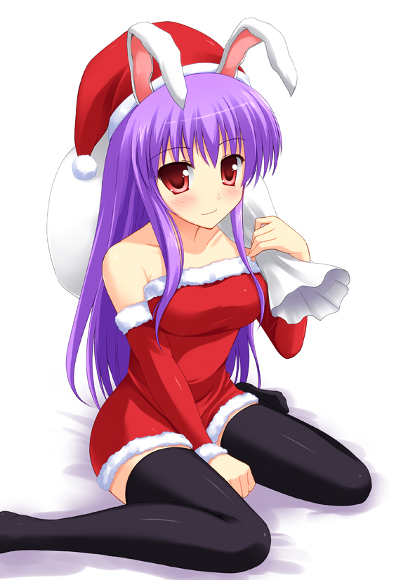 animal_ears ash_(pixiv) black_legwear bunny_ears christmas purple_hair red_eyes reisen_udongein_inaba sack santa_costume sitting solo thighhighs touhou wariza