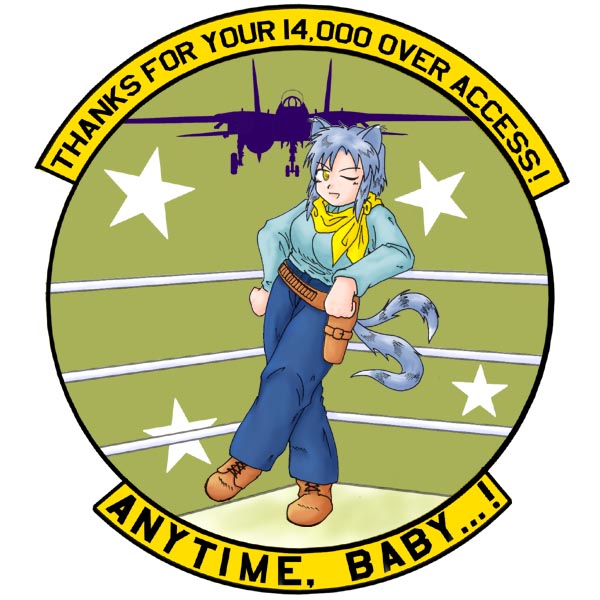 aircraft airplane animal_ears cat_ears cat_tail crossed_legs f-14_tomcat fighter_jet hits jet military military_vehicle multiple_tails one_eye_closed original parody patch silhouette silver_hair sitting solo star tail tin_tin_banchou
