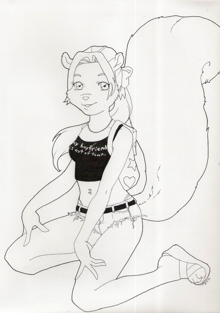 &hearts; belt clothed clothing dogslug female hair kaytiedid long_hair looking_at_viewer mammal navel necklace piercing plain_background ponytail rodent sandals shirt shoes shorts squirrel star tail tank_top teen thong tomboy white_background young