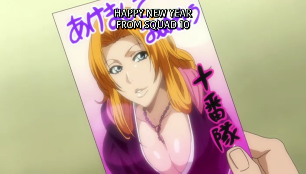 bleach blonde_hair card cleavage happy_new_year matsumoto_rangiku tagme