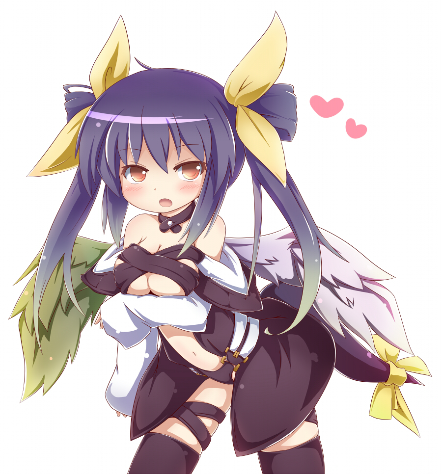 asymmetrical_wings blue_hair blush bow breasts cleavage detached_sleeves dizzy guilty_gear hair_bow heart large_breasts navel open_mouth red_eyes ribbon solo tail tail_ribbon thighhighs torichiyo twintails wings