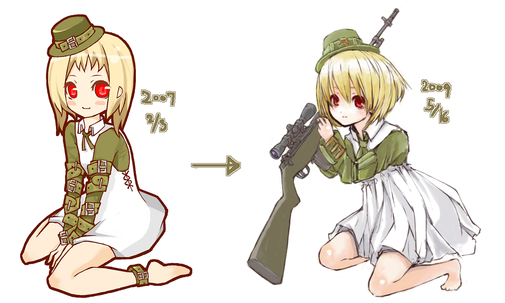 barefoot before_after blonde_hair child comparison gun hat kneeling loli military military_uniform pixiv19233 red_eyes rifle simple_background skirt smile sniper_rifle soldier uniform weapon yume_(wig)
