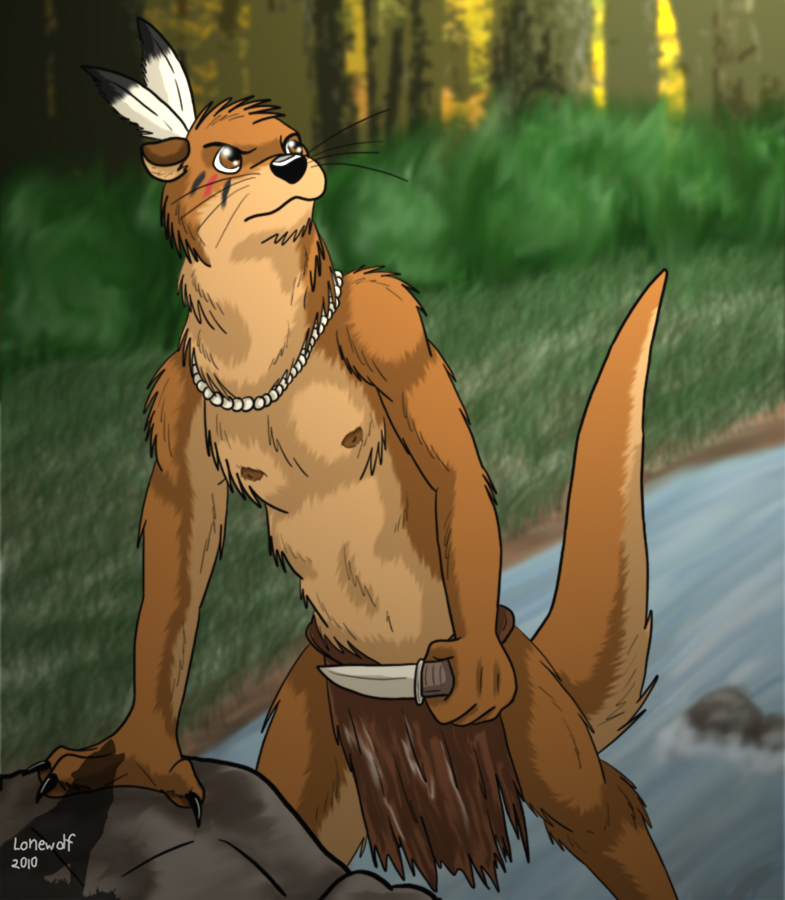 angry brown_eyes claws facial_markings feather fur grass knife loincloth lonewolf666 male mammal markings mustelid native nipples otter rocks solo topless tribal underwear water