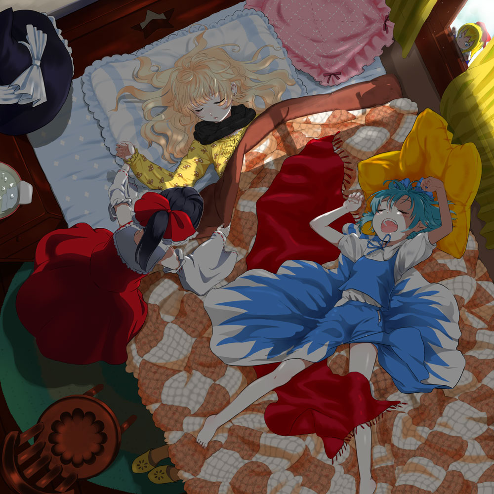 bad_id bad_pixiv_id barefoot bed blanket cirno closed_eyes frilled_pillow frills from_above hakurei_reimu hat hat_removed headwear_removed kirisame_marisa lying messy_sleeper multiple_girls on_back open_mouth pillow shanghai_doll sleeping touhou tucking_in yamada_ranga