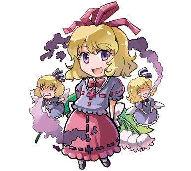 :d blonde_hair chibi doll dress flower lily_of_the_valley lowres medicine_melancholy open_mouth purple_eyes short_hair smile smoke solo tako_(plastic_protein) touhou