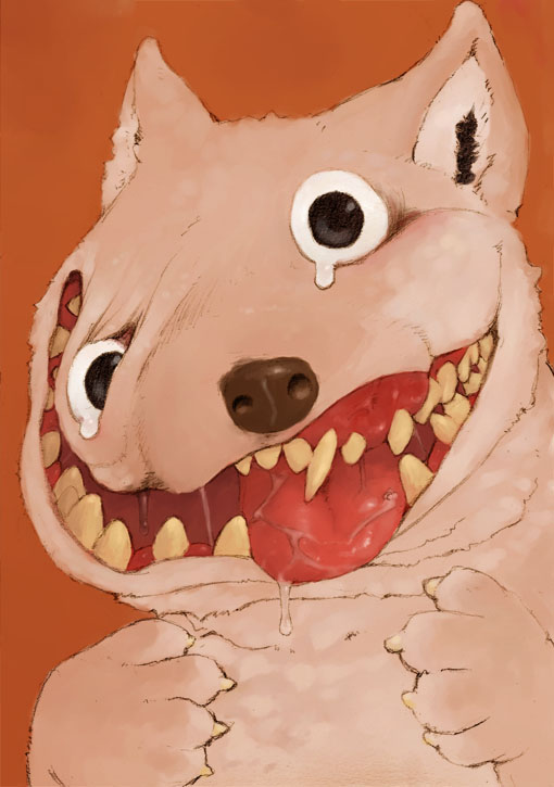 black_eyes black_nose body_horror canine chernobyl chromatic_background colored_background dog feral kunugi looking_at_viewer mammal nightmare_fuel open_mouth saliva solo teeth tongue what white