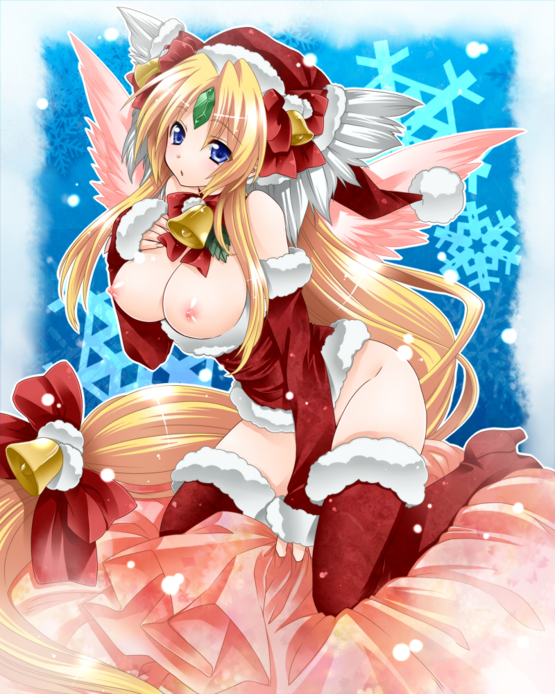 bad_id bad_pixiv_id bell blonde_hair blue_eyes boots bottomless bow bowtie breastless_clothes breasts christmas detached_sleeves forehead_jewel hat kneeling large_breasts long_hair low-tied_long_hair nipples riesz sack santa_boots santa_costume santa_hat seiken_densetsu seiken_densetsu_3 solo takatsuki_ichi thigh_boots thighhighs very_long_hair wings