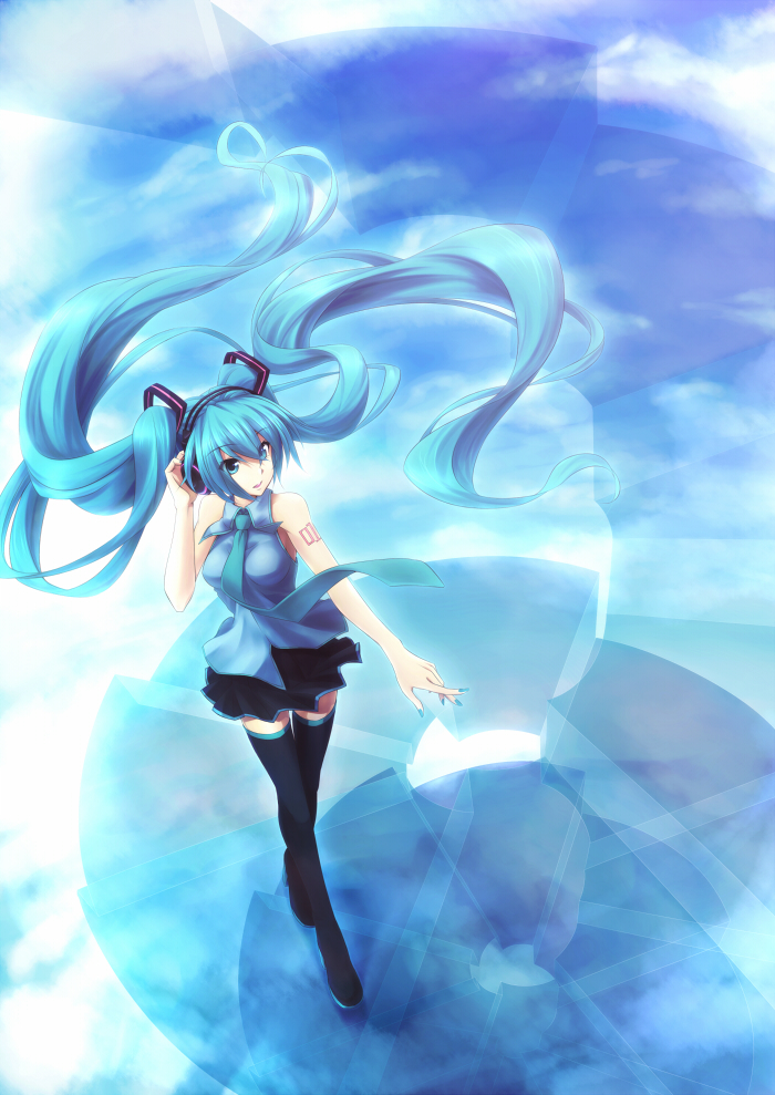 bad_id bad_pixiv_id blue_eyes blue_hair blue_sky cloud day floating_hair garuku hatsune_miku long_hair outstretched_hand sky solo thighhighs twintails very_long_hair vocaloid zettai_ryouiki