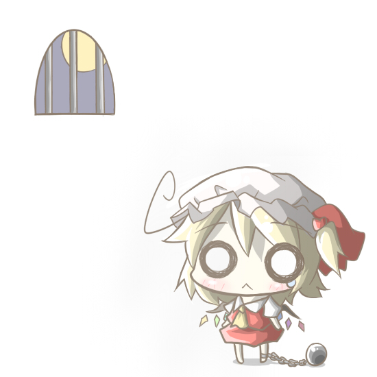 :&lt; ahoge aoblue ball_and_chain_restraint blonde_hair chain chibi cuffs flandre_scarlet moon o_o side_ponytail solo tears touhou wings