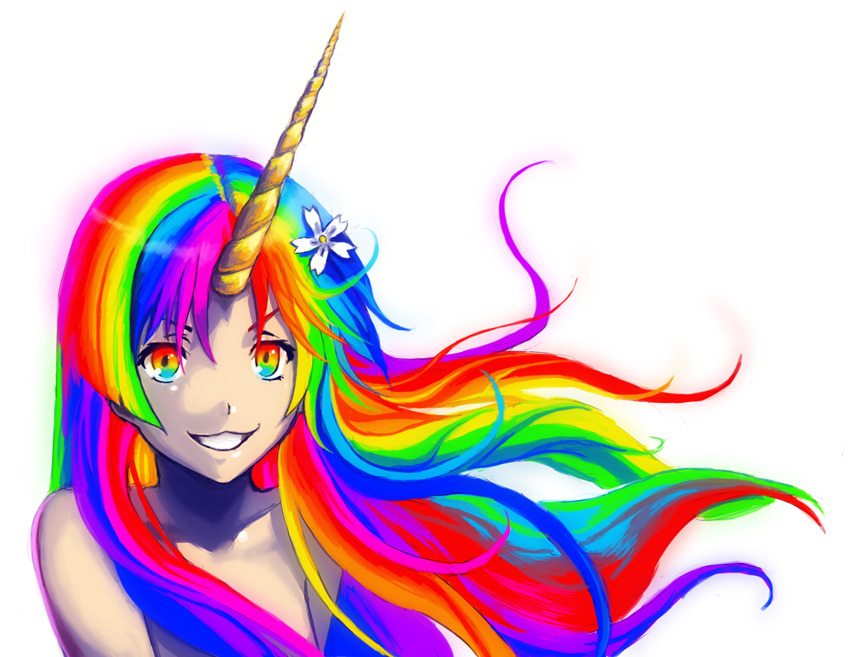 cute flower flower_in_hair girly hair horns humanized male rainbow rainbow_eyes rainbow_hair robot_unicorn_attack solo