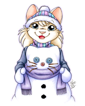 blonde_hair blue_eyes cute feline female front_view hair hat looking_at_viewer mammal michele_light mittens plain_background scarf smile snowman solo standing white_background