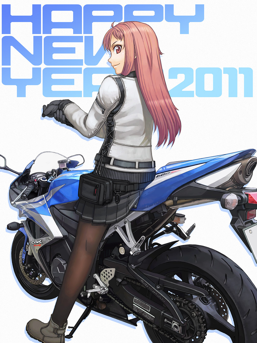 ahoge boots gloves ground_vehicle highres itou_(onsoku_tassha) long_hair motor_vehicle motorcycle new_year original pantyhose pouch profile red_eyes red_hair skirt smile solo