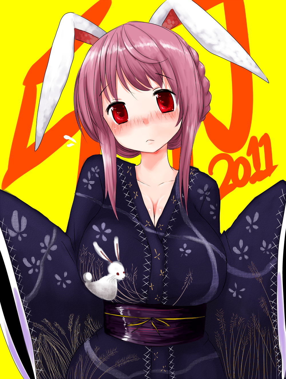 2011 :&lt; alternate_hairstyle animal_ears blush breasts bunny bunny_ears collarbone han_(jackpot) highres huge_breasts japanese_clothes kimono long_hair obi purple_hair red_eyes reisen_udongein_inaba sash solo touhou