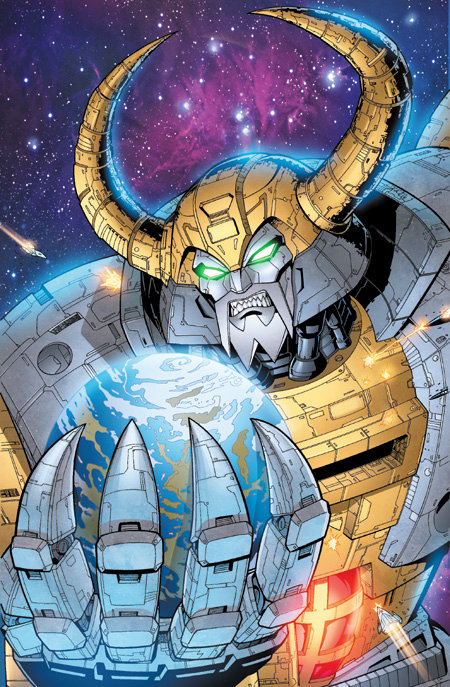 claws earth earth_is_doomed facial_hair giant glowing_eyes green_eyes horns metal planet robot space_ships teeth transformers unicron