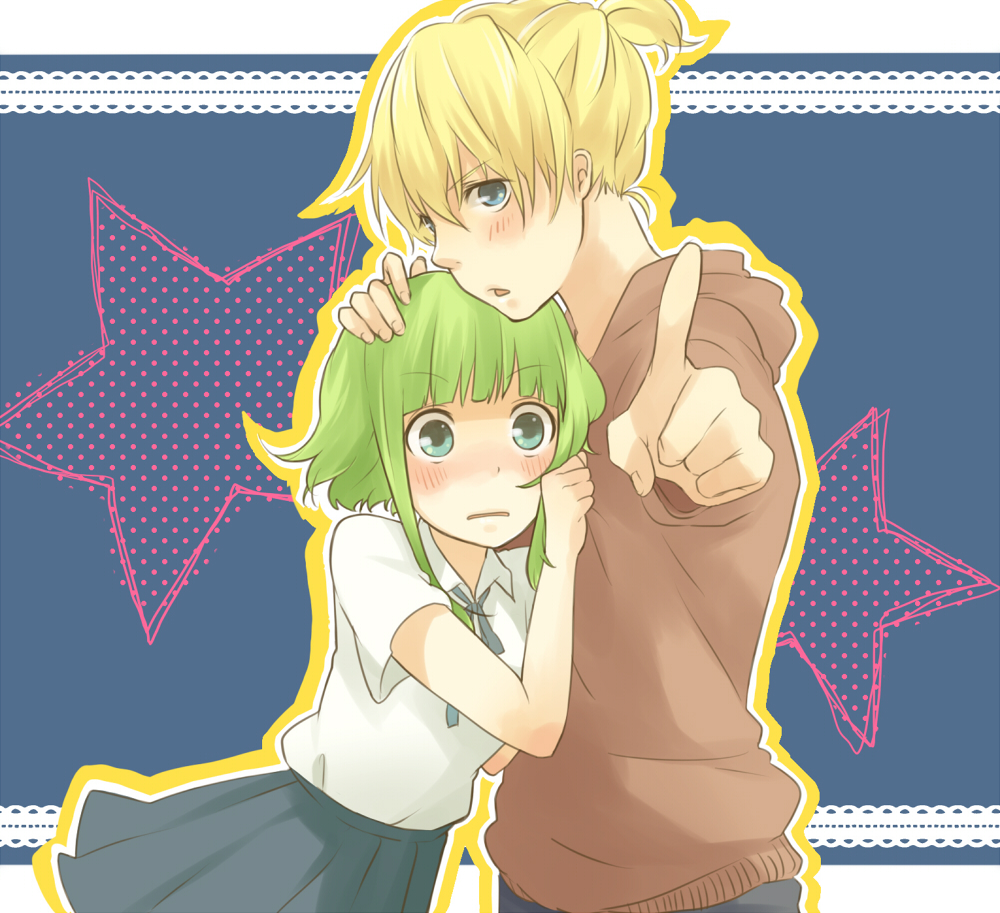 1girl bad_id bad_pixiv_id bangs blonde_hair blue_eyes blue_skirt blush booota couple green_hair gumi hand_on_another's_head hetero hood hood_down hoodie kagamine_len pointing pointing_at_viewer ponytail short_hair short_hair_with_long_locks short_sleeves skirt star vocaloid wide-eyed younger