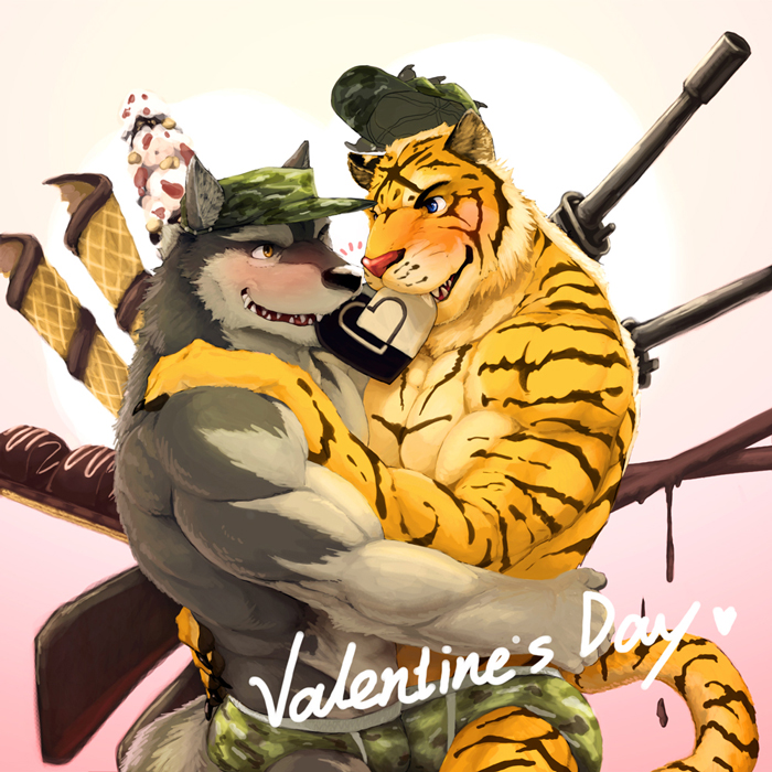 &hearts; 2010 army barazoku bite blush briefs bulge camo candy canine chew chocolate couple dog embrace face_to_face fangs feline frottage gay grin gun hat hug intimate looking_at_each_other love male military muscles null_ghost pinup standing tail tiger underwear valentine's_day weapon werewolf wolf