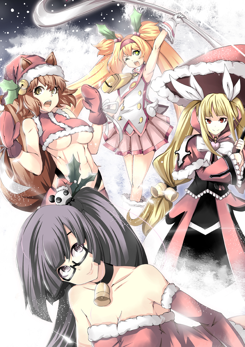 abs adapted_costume alternate_costume animal_ears armpits bare_shoulders bell bell_collar black_hair blazblue blonde_hair boots bow breasts brown_eyes brown_hair choker christmas cleavage collar dress glasses hair_bow hair_ornament hat heart holly holly_hair_ornament jingle_bell lao_jiu large_breasts legs litchi_faye_ling long_hair magical_girl makoto_nanaya midriff miniskirt mittens multiple_girls one_eye_closed platinum_the_trinity pm_ringo quad_tails rachel_alucard red_eyes santa_costume santa_hat short_hair skirt smile squirrel_ears squirrel_tail staff tail twintails two_side_up umbrella underboob very_long_hair