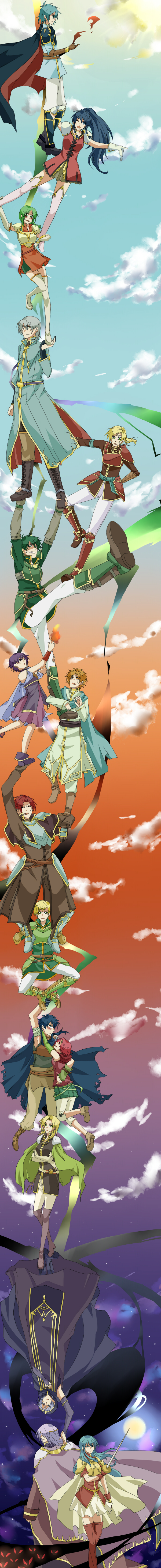 6+girls absurdres armor artur blonde_hair blue_eyes blue_hair boots cape celina_(fire_emblem) coma_(fire_emblem) durarara!! eirika ephraim fire fire_emblem fire_emblem:_seima_no_kouseki forde franz_(fire_emblem) green_eyes green_hair highres innes knoll kyle_(fire_emblem) long_image lute_(fire_emblem) lyon_(fire_emblem) multiple_boys multiple_girls neimi orange_hair parody pink_eyes pink_hair purple_eyes purple_hair red_hair seth_(fire_emblem) sky sun tall_image tana thigh_boots thighhighs trust_me vanessa_(fire_emblem)