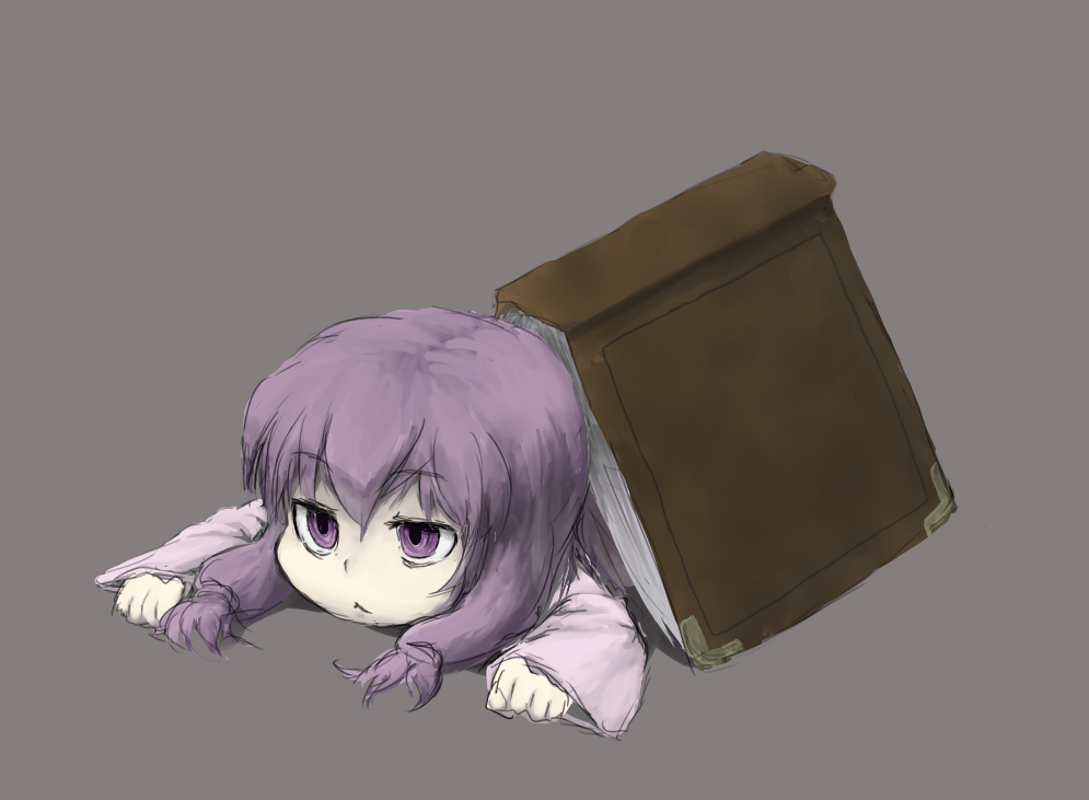 :&lt; bad_id bad_pixiv_id book book_focus bored hayake_(chenran) lying no_hat no_headwear on_stomach patchouli_knowledge purple_eyes purple_hair simple_background solo stuck touhou