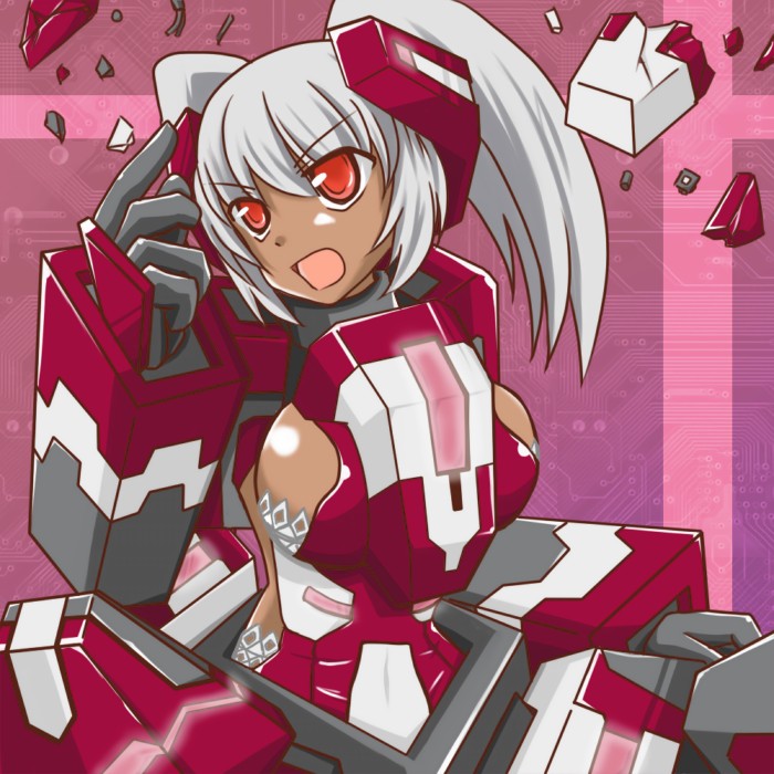 big_breasts breasts cosmic_break dark_skin female large_breasts lily_rain mecha_musume open_mouth red_eyes sideboob silver_hair solo twintails