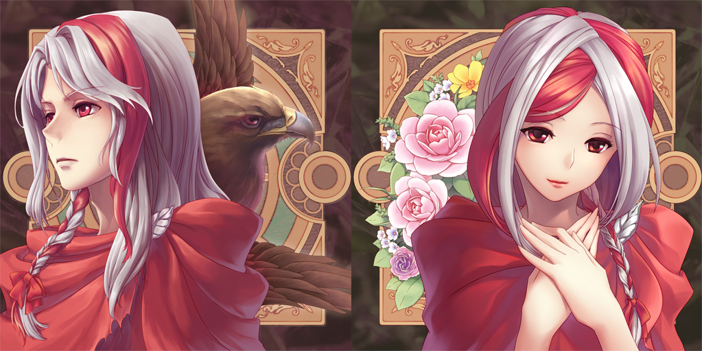 1girl artemisia bird braid brother_and_sister eagle eleuseus flower hands_on_own_chest light_smile long_hair moira multicolored_hair red_eyes siblings silver_hair sound_horizon twins yeruen