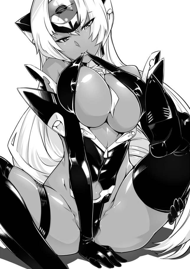 arm_support bare_shoulders between_breasts breasts cleavage covered_nipples dark_skin elbow_gloves gloves greyscale groin hijiri large_breasts legs long_hair monochrome mouth_hold naughty_face solo spread_legs t-elos thighhighs thighs xenosaga