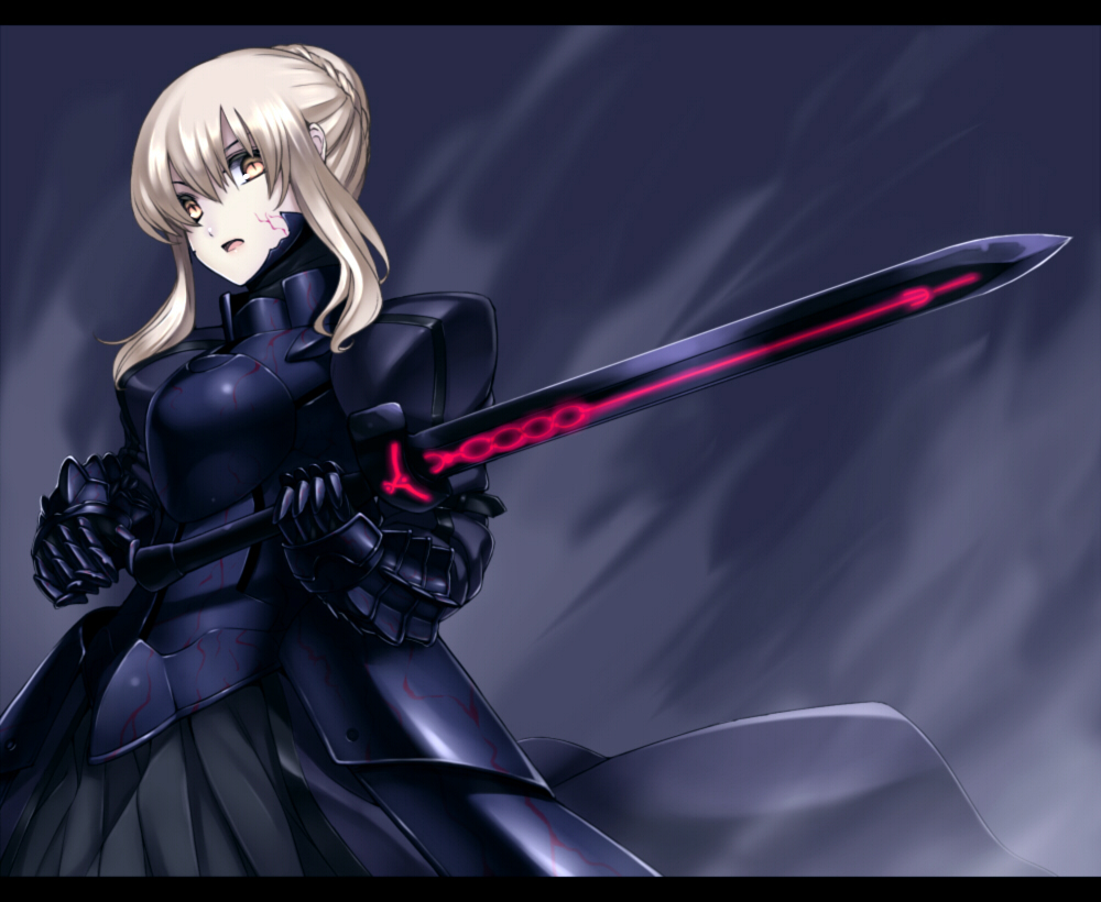 armor armored_dress artoria_pendragon_(all) bad_id bad_pixiv_id black_armor blonde_hair dress excalibur fate/stay_night fate_(series) letterboxed saber_alter short_hair solo sword takemori_shintarou weapon yellow_eyes
