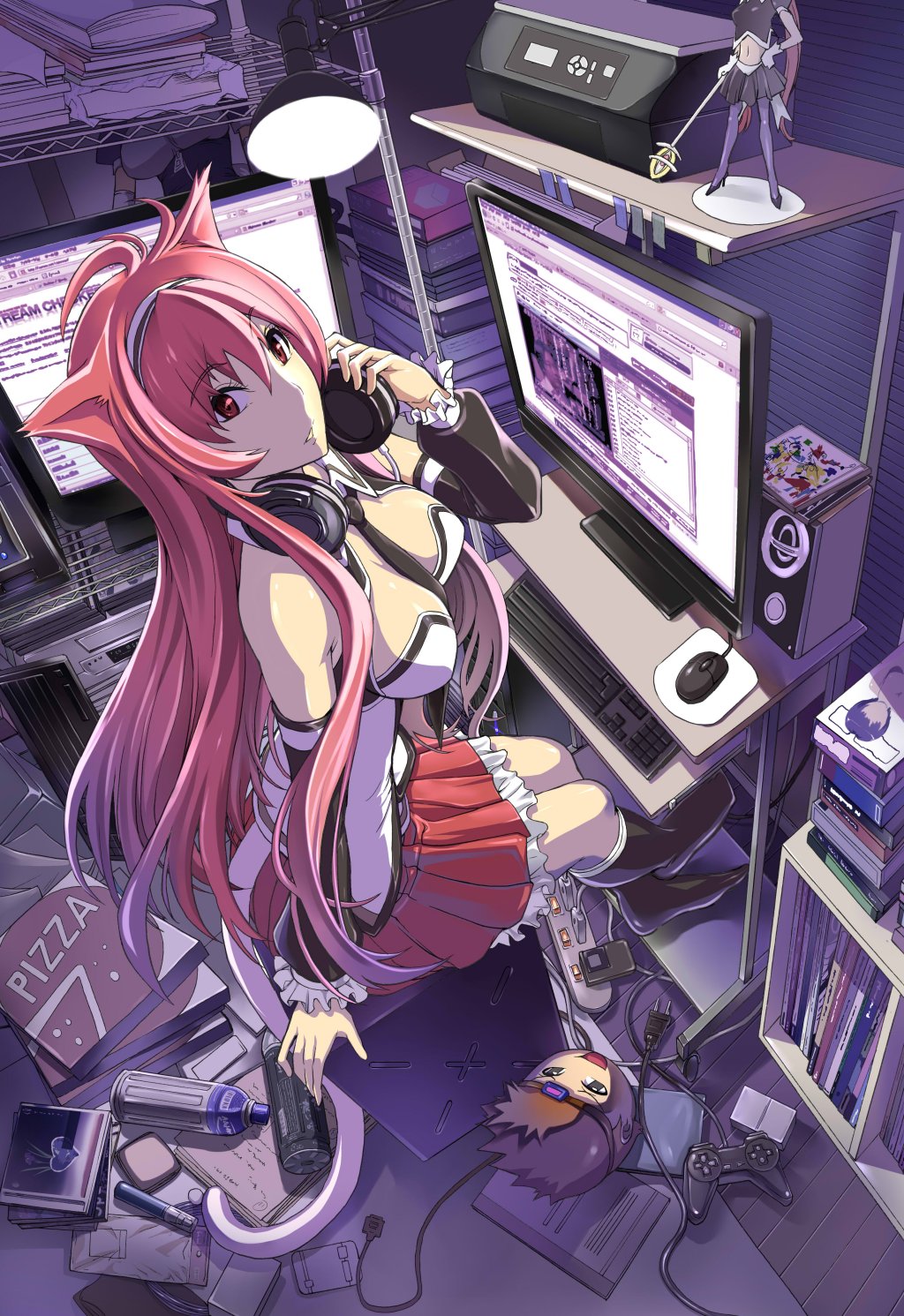 animal_ears arm_support breasts cat_ears computer controller crossed_legs detached_sleeves figure from_above game_controller gamepad hakaba_(dairiseki) headphones headphones_around_neck highres keyboard_(computer) large_breasts long_hair monitor mouse_(computer) necktie niconico otaku_room pizza_box red_eyes red_hair sitting solo yukkuri_shiteitte_ne