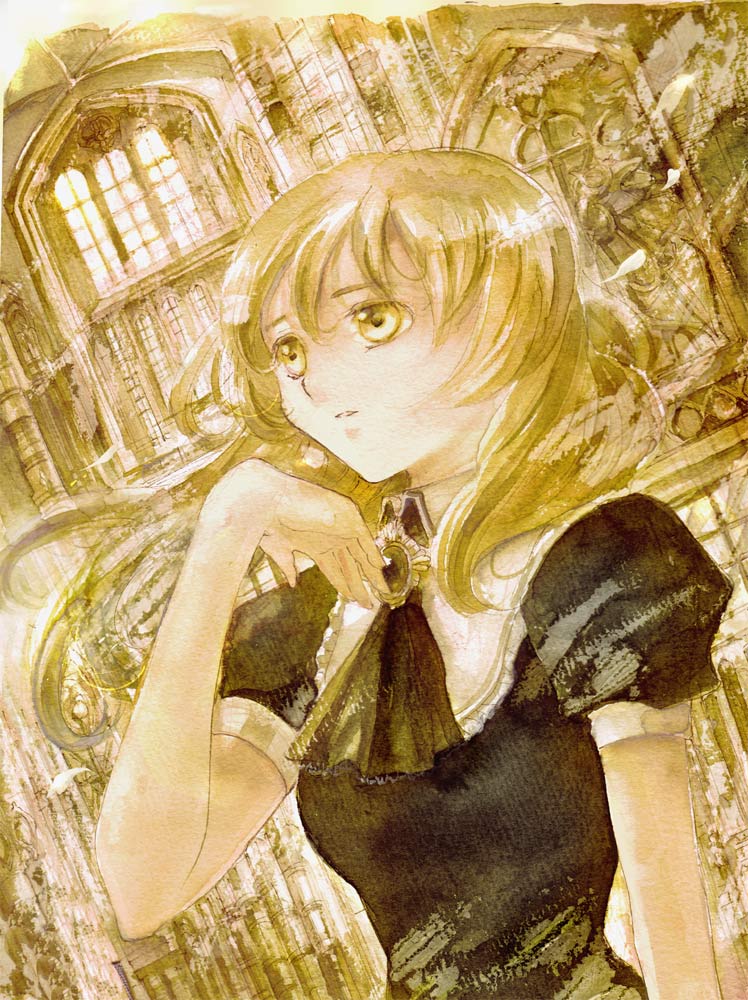 ascot bad_id bad_pixiv_id black_dress blonde_hair building dress dutch_angle keiko_(mitakarawa) long_hair original short_sleeves solo traditional_media window yellow_eyes