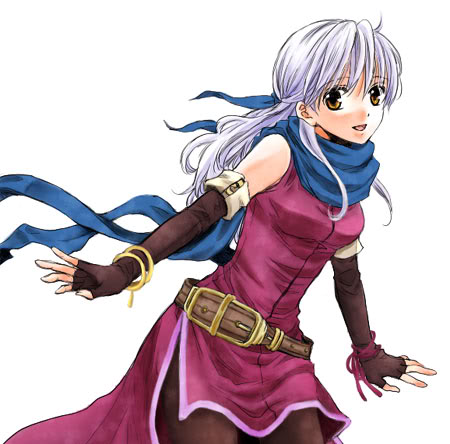 bare_shoulders belt breasts elbow_gloves female fingerless_gloves fire_emblem fire_emblem:_akatsuki_no_megami fire_emblem_radiant_dawn gloves hair_ribbon happy long_hair lowres micaiah open_mouth pantyhose ribbon scarf shoulders silver_hair simple_background smile solo white_background yellow_eyes
