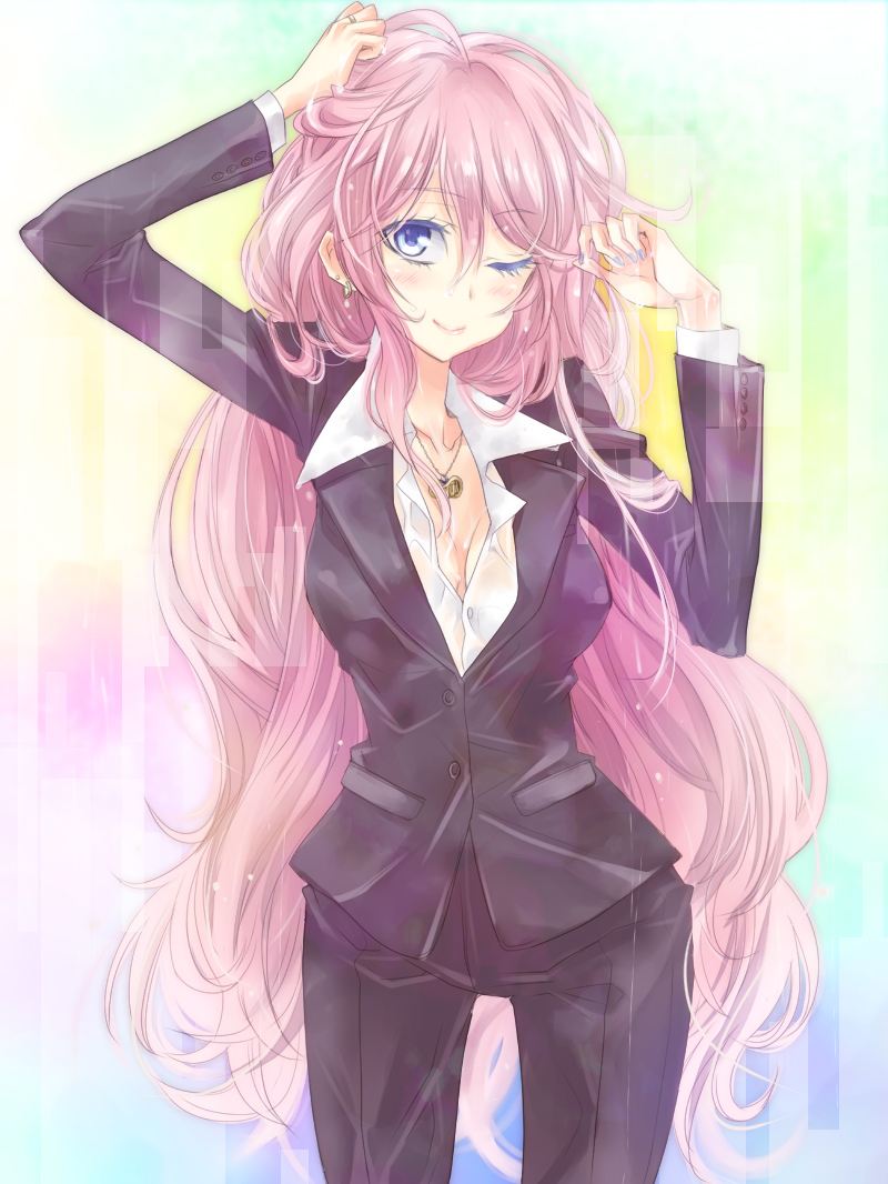 alternate_costume bad_id bad_pixiv_id blue_eyes blush breasts business_suit cleavage formal jewelry large_breasts long_hair megurine_luka mikipa necklace one_eye_closed pant_suit pink_hair solo suit unbuttoned very_long_hair vocaloid wet wet_clothes