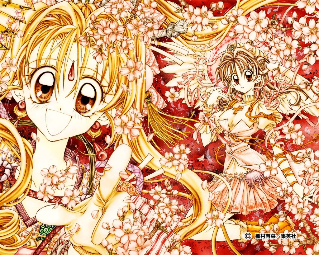 90s alternate_costume angel angel_wings arm_warmers blonde_hair boots brown_eyes brown_hair cherry_blossoms cover dual_persona earrings flower gloves hands hat japanese_clothes jewelry kaitou_jeanne kamikaze_kaitou_jeanne kimono kneeling kusakabe_maron long_hair multiple_girls official_art petals pleated_skirt ribbon short_sleeves skirt tanemura_arina traditional_media turtleneck wings