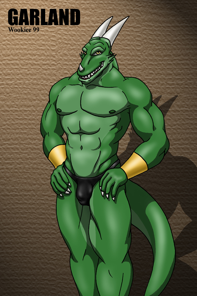 anthro biceps bulge claws clothed clothing drake_(species) green green_body green_dragon horn lizard looking_at_viewer male muscles nipples pecs pose scalie skimpy solo speedo swimsuit wookiee wookiee_(artist) wristband yellow_eyes