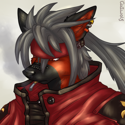 black black_fur canine catwolf clothed clothing cosplay deskai deskai_(character) desume ear_piercing earring fur grey_hair hair headband long_hair male mammal piercing plain_background portrait red red_eyes smoking sol_badguy solo white_background