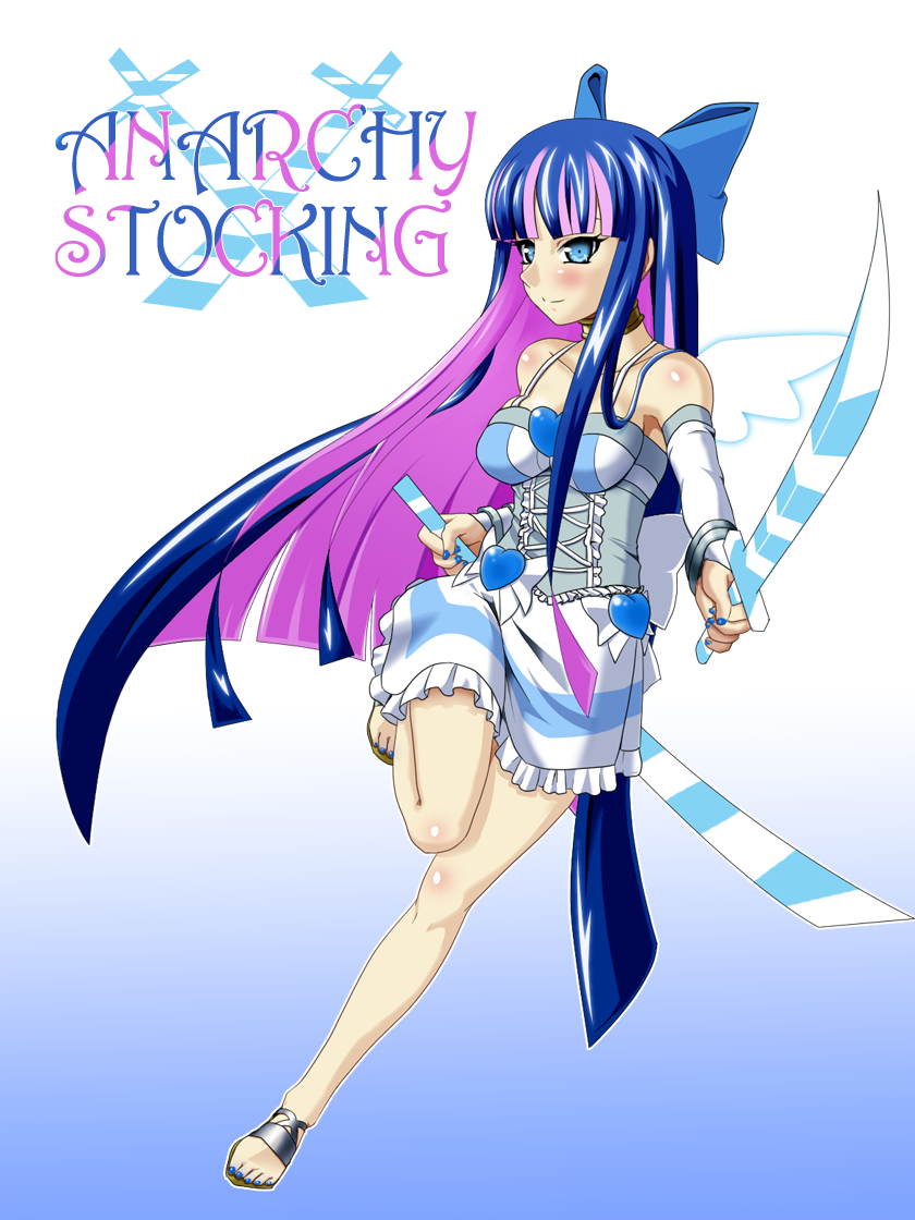 angel blue_nails blush feet multicolored_hair nail_polish painted_nails panty_&amp;_stocking_with_garterbelt smile stocking_(character) stocking_(psg) stripes_i_&amp;_ii sword toes weapon wings