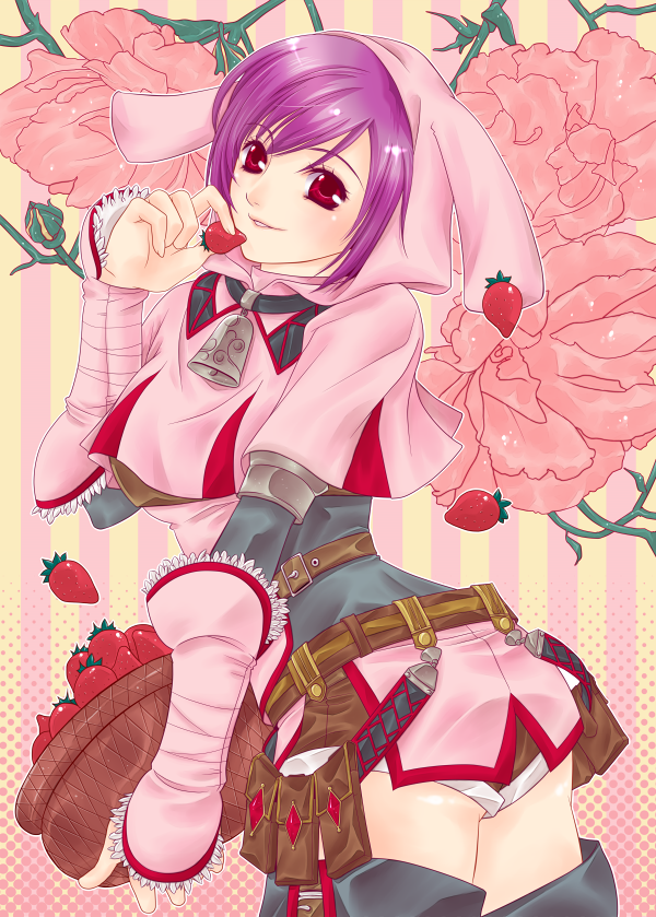 animal_ears arched_back bad_id bad_pixiv_id bangs basket bell bell_collar belt belt_pouch blush bunny_ears capelet collar detached_sleeves eating fake_animal_ears flower food frills fruit holding holding_food holding_fruit hood khezu_(armor) looking_at_viewer looking_back miniskirt monster_hunter monster_hunter_portable monster_hunter_portable_2nd monster_hunter_portable_2nd_g parted_bangs polka_dot polka_dot_background pouch profile purple_hair red_eyes shiny shiny_hair short_hair short_shorts shorts shorts_under_skirt skirt smile solo strap strawberry striped striped_background swept_bangs thigh_strap thighhighs tooco