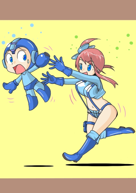 ass blue_eyes breasts capcom chasing fuuro_(pokemon) gym_leader large_breasts midriff pokemon red_hair rockman