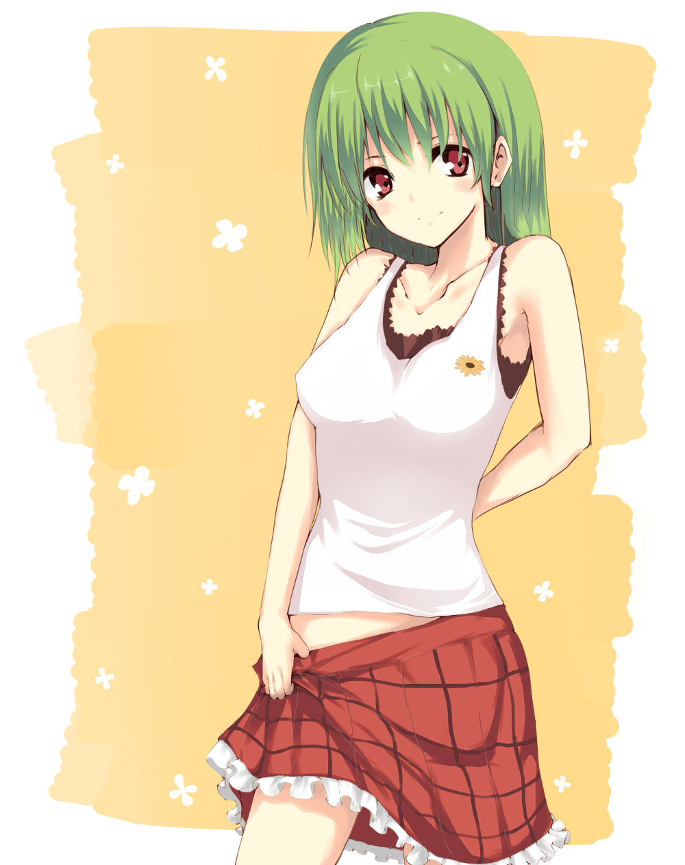 akisa alternate_hairstyle arm_behind_back bad_id bad_pixiv_id bare_shoulders casual collarbone contemporary green_hair highres kazami_yuuka plaid plaid_skirt red_eyes short_hair skirt skirt_pull smile solo touhou