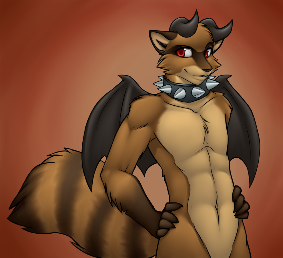 anthro background_gradient brown brown_fur collar darkmask demon fur gradient_background horn horns hybrid lockworkorange looking_at_viewer male mammal muscles navel nude projectblue02 raccoon red_eyes ringed_tail solo spiked_collar striped_tail tail wings