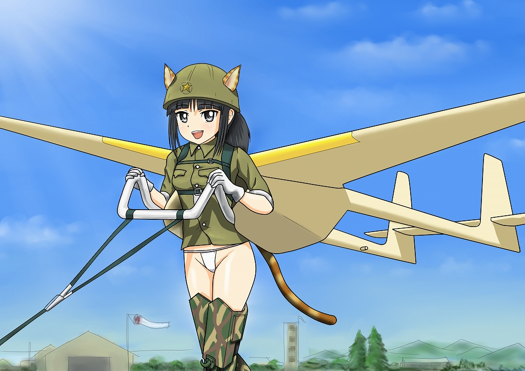 aircraft animal_ears aoi_ushi cat_ears cat_tail ears_through_headwear fundoshi glider helmet japanese_clothes kokusai_ku-7_manazuru military original personification solo tail type_2_ke-to_(personification) uniform world_war_ii world_witches_series