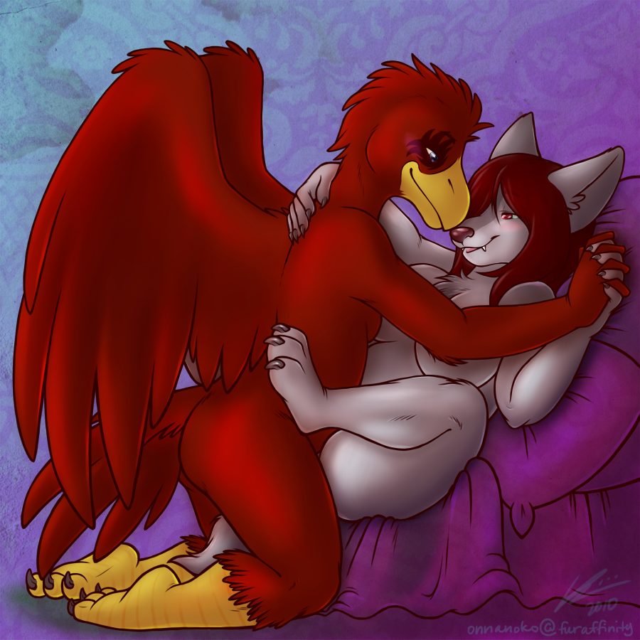 anthro avian bird breasts canine chubby duo female fur grey_fur hair hawk interspecies legs_up lying male mammal nude on_back onnanoko overweight penetration purple_eyes red red_eyes red_feathers red_hair sex straight wings wolf