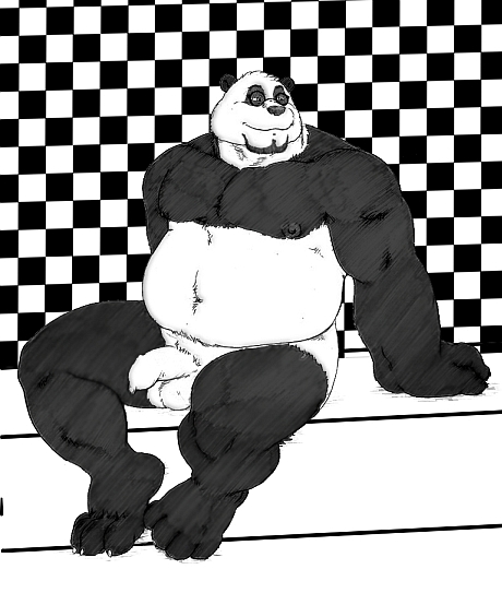 bear big_muscles checkered_background chubby flaccid grisser long_foreskin male mammal monochrome muscles nipples nude overweight panda penis simple_background sitting solo uncut