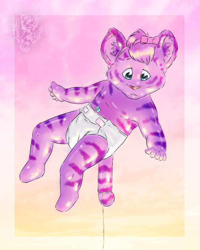 balloon blue_eyes brian_root cat diaper feline infantilism inflatable mammal pink pink_background plain_background solo stripes tiger
