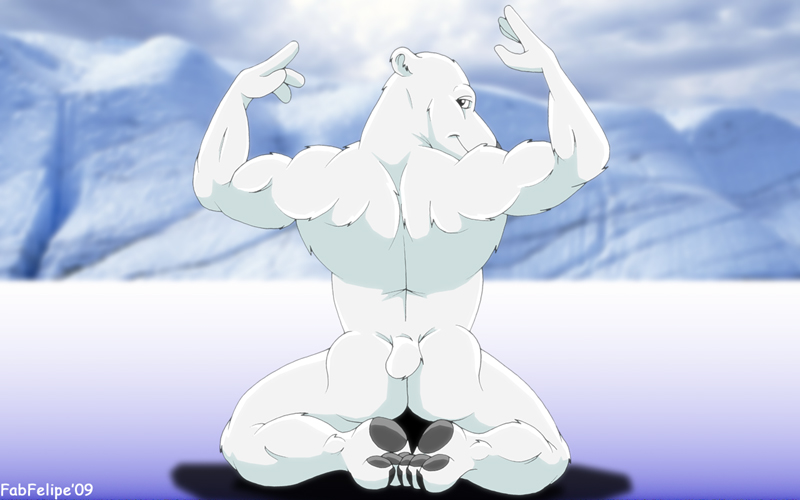 anthro back back_turned bear biceps big_muscles butt fabfelipe fur hindpaw ice kneeling looking_at_viewer looking_back male mammal muscles nude pawpads paws polar_bear pose smile solo spread_legs spreading white white_fur