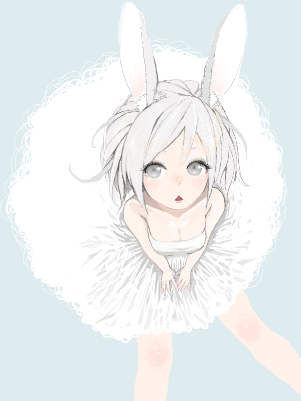 :&lt; animal_ears bare_shoulders breasts bunny_ears cleavage face from_above grey_eyes medium_breasts ocaca_(chocolate-hopper) original short_hair silver_hair solo tutu