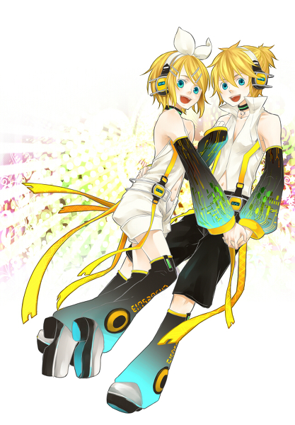 blonde blonde_hair bow brother_and_sister fen hair_ornament hair_ribbon hairclip headphones headset kagamine_len kagamine_len_(append) kagamine_rin kagamine_rin_(append) len_append ribbon rin_append siblings twins vocaloid vocaloid_append